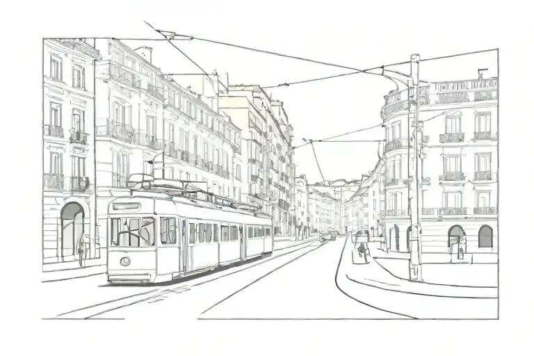 Lisbon Tram Side Outline With Arc De Triumph Outline In The Background Super Minimalist Small