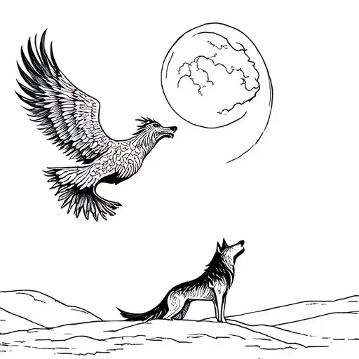 Drawing Of A Phoenix Flying Towards A Wolf Who Is Howling At The Moon