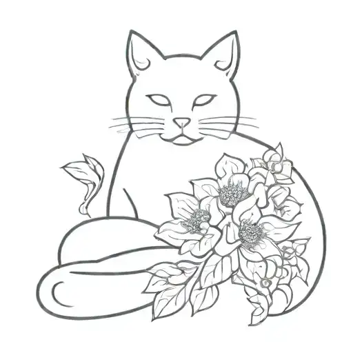 A Minimalist Tattoo Design Of A Cat Surrounded By A Bouquet Of Flowers