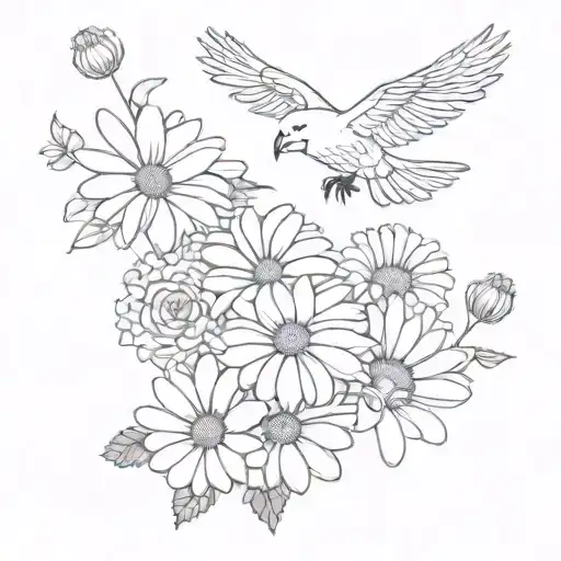 Daisy And Chrysanthemum Bouquet With A Small Condor Flying Above