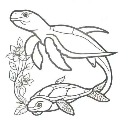 Turtle With Whale And Flowers