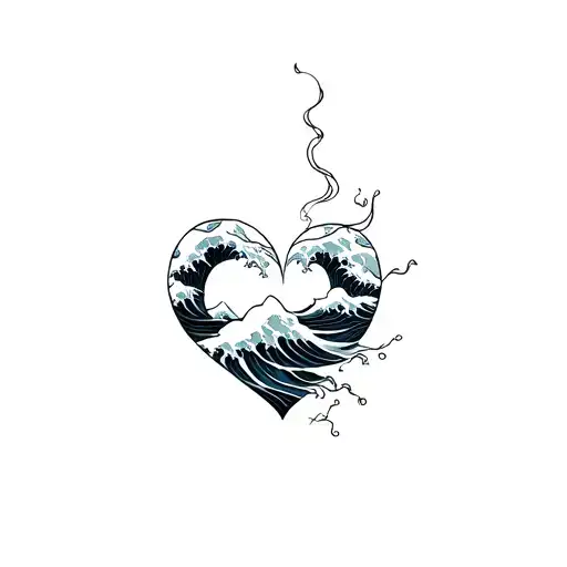 Fine Line Heart Filled With Japanese Wave That Spills Out Of Shape