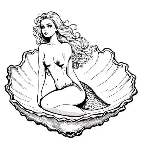 Pinup-style Mermaid Sitting In An Open Oyster Shell