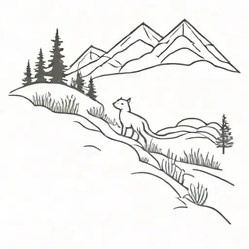 A Minimalist Tattoo Of A Cat And Dog Hiking Up A Mountain Trail Lined With Wildflowers