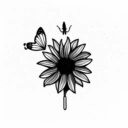 Sunflower With Stem And Butterfly