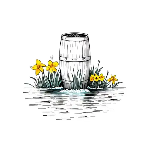 Small Barrel On Waterfall With Daffodil And Narcissus In It