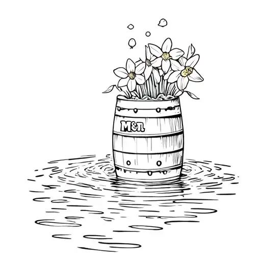 Small Barrel With M&m On It Floating Down Waterfall With Daffodil And Narcissus In Barrel