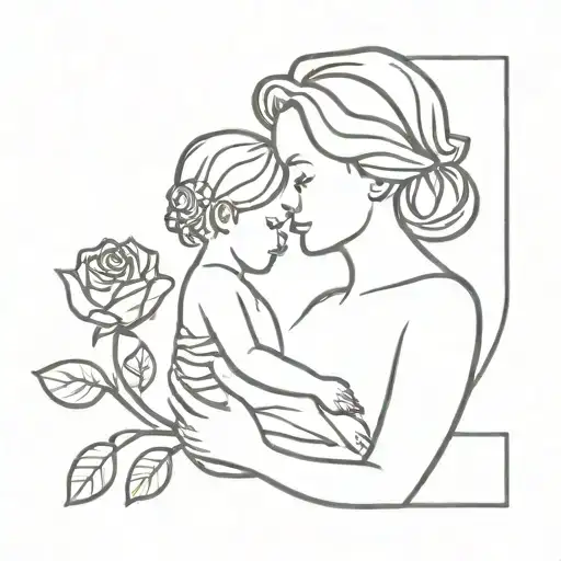 A Minimalist Tattoo Of A Mother And Child Silhouette With A Rose In The Background