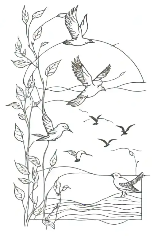 Ocean And Birds And Leaves