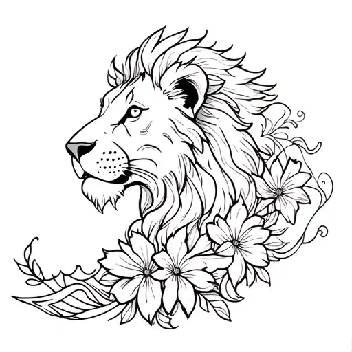 Lion Near A Wave And Flowers
