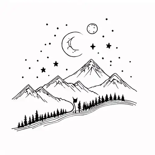 Mountains Forest Road Cat And Moon And Stars