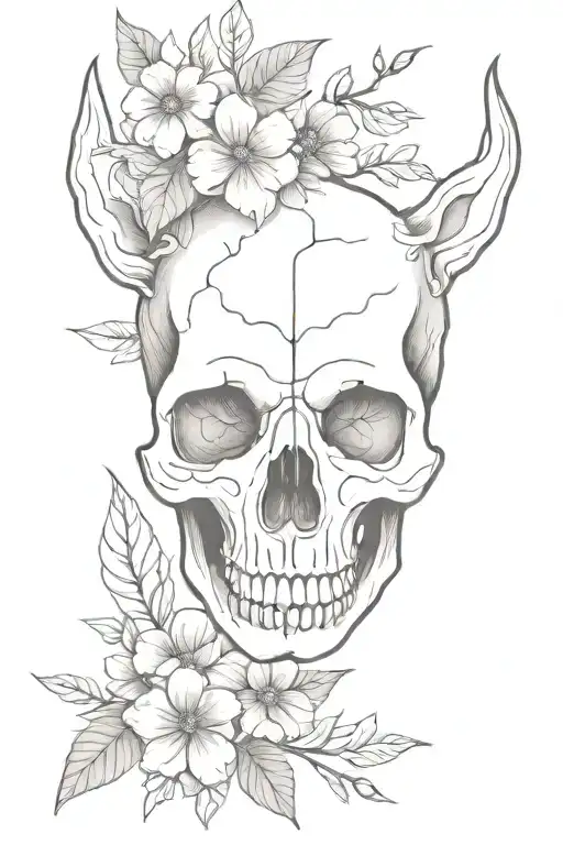 Canine Skull Next To Flowers And Leaves