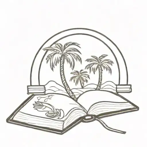 Sun Palm Tree Book Open In Front In An Arched Frame