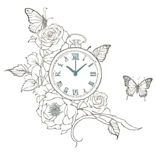 A Clock Covered In Roses Next To A Lions Head And A Butterfly And A Snake