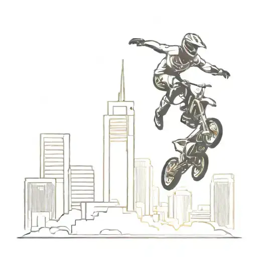 Supermoto Rider Doing A Wheelie In Front Of A City Skyline At Sunset
