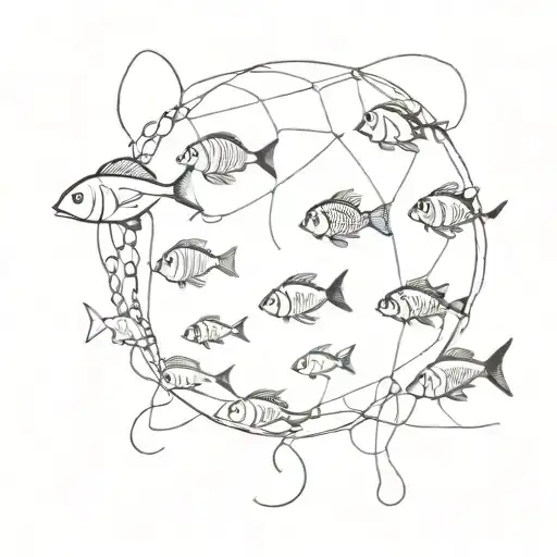 A Minimalist Tattoo Of A Fishing Net Filled With Various Types Of Peces Fish