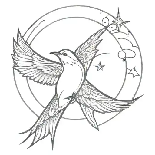 Fine Line Sketch Swallow With Moon Incorporated Within