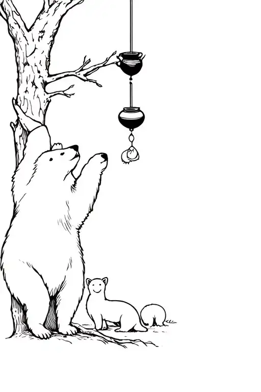Bear Reaching For A Hunny Pot Hanging From A Tree With A Baby Cub Behind Her