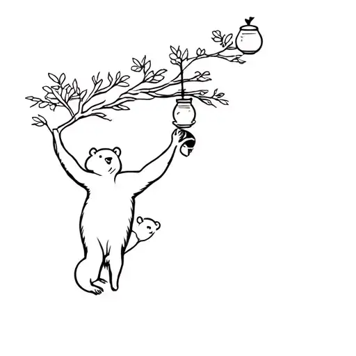 Bear Reaching For A Hunny Pot Hanging From A Tree With A Baby Cub Behind Her