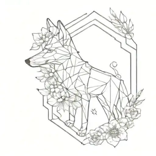 A Geometric Wolf Surrounded By Flowers And A Colibri
