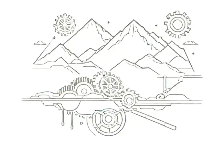 Bicep Tattoo With Mountain Range With Gears And Wrenches Mixed Into A Pond