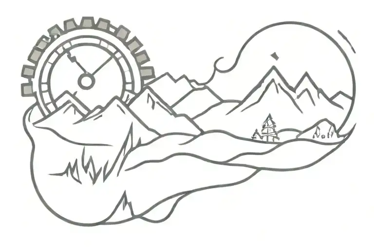 Mountain Range Bicep Tattoo With A Pond And Gears As The Sun
