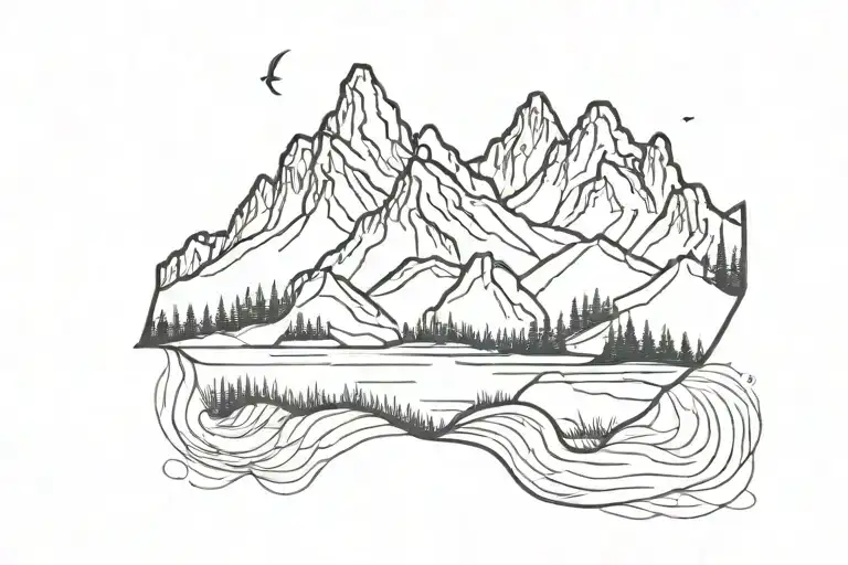 Mountain Range Bicep Tattoo With A Pond