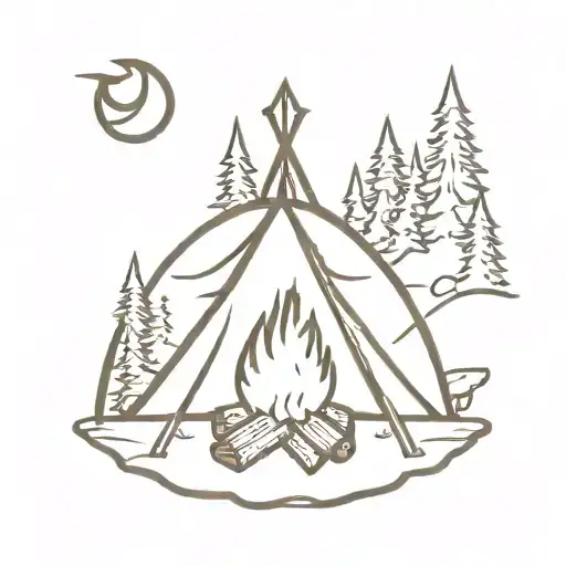 A Minimalist Tattoo Of A Campfire With The Silhouette Of A Tent In The Background