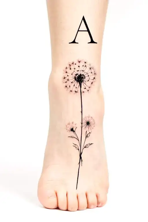Simple Dandelion Flower Ankle Tattoo With The Letter A Included