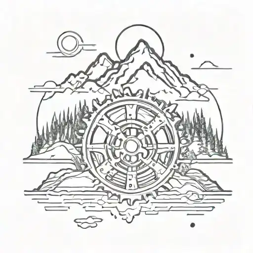 A Minimalist Design Of A Gear Head Symbol Incorporated Into A Mountain Landscape