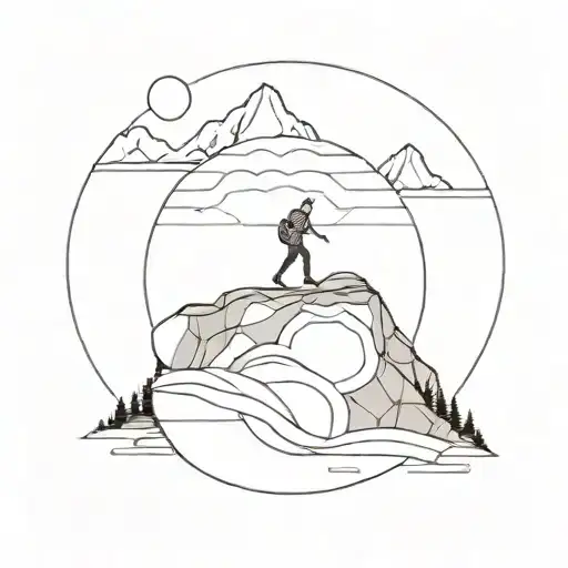 Man Pushing Big Round Rock On Top Of Mountain Straight Lines