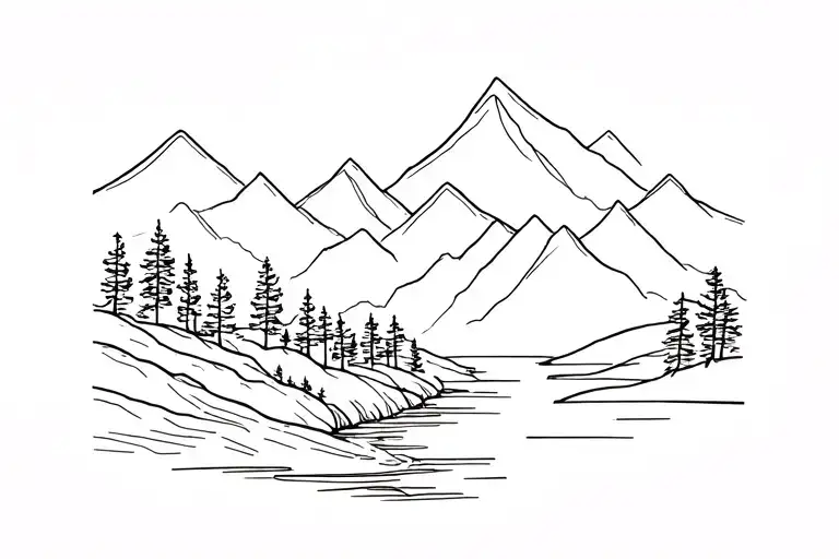 Line Work With Mountains Trees And A River Going Through It