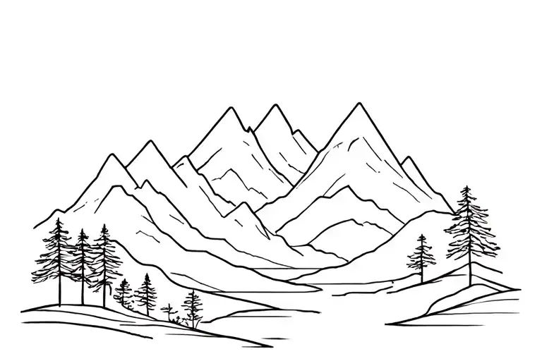 Line Work With Mountains Trees And A River Going Over It