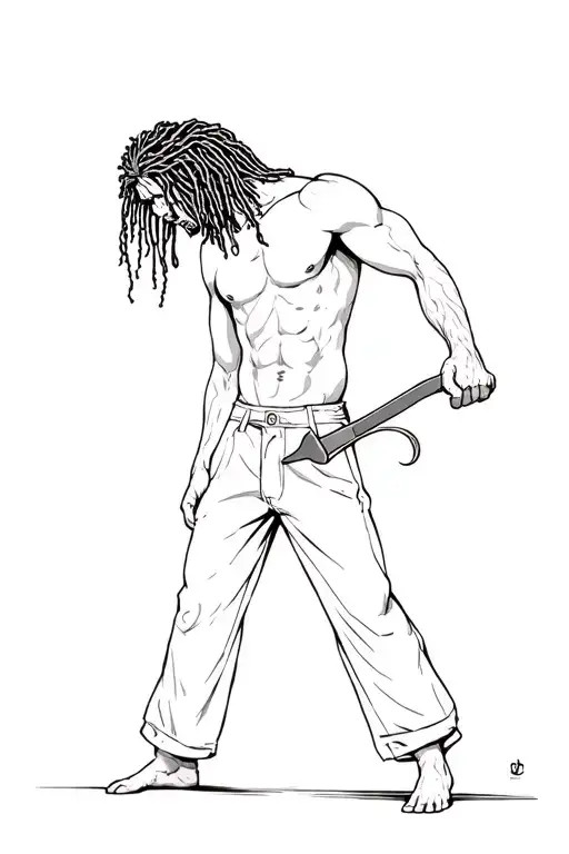 A Guy With Shoulder-length Dreadlocks And Wide Trousers Plunges A Knife Into The Devil's Chest