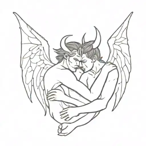 A Male Demon With Two Horns Hugging An Female Angel From Behind