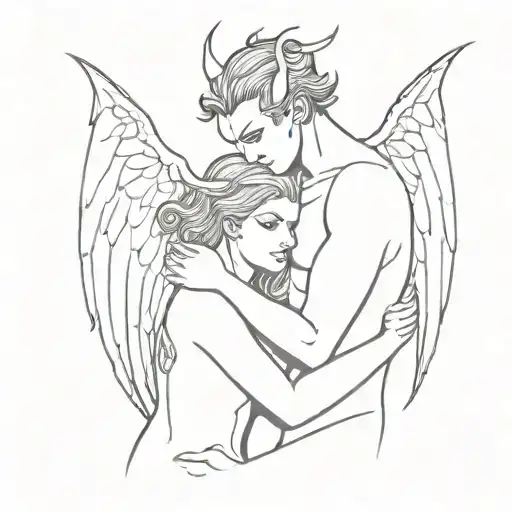 A Male Demon With Two Horns Hugging An Female Angel From Behind