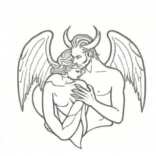 A Male Demon With Two Horns Holding An Female Angel