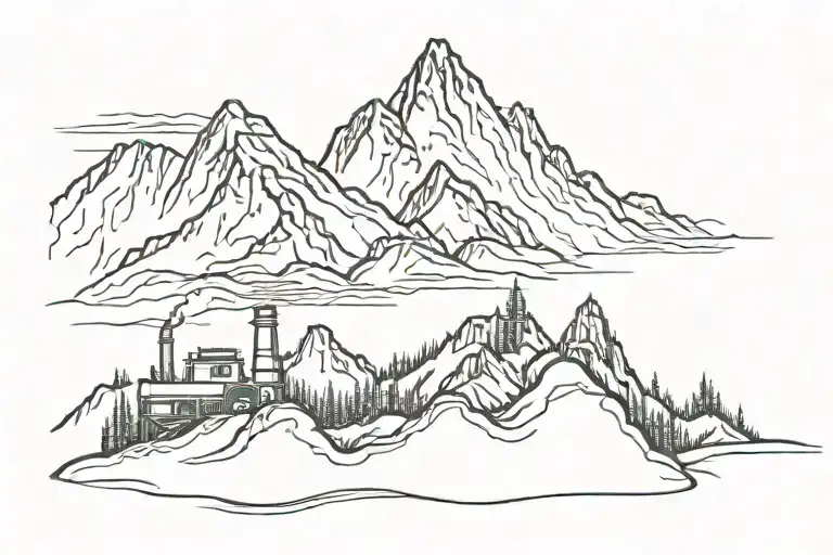 A Minimalist Design Of A Mountain Range With An Engine Incorporated Into The Landscape