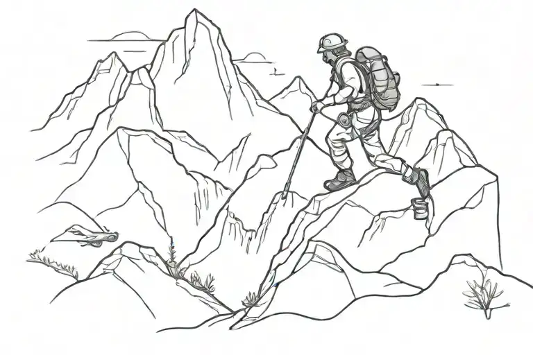 A Sketch Of A Hiker Climbing A Mountain With Engine Parts Scattered Along The Trail