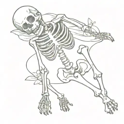 Skeleton Laying Flat On Its Back In Its Grave Pushing Daisies Up Through The Ground