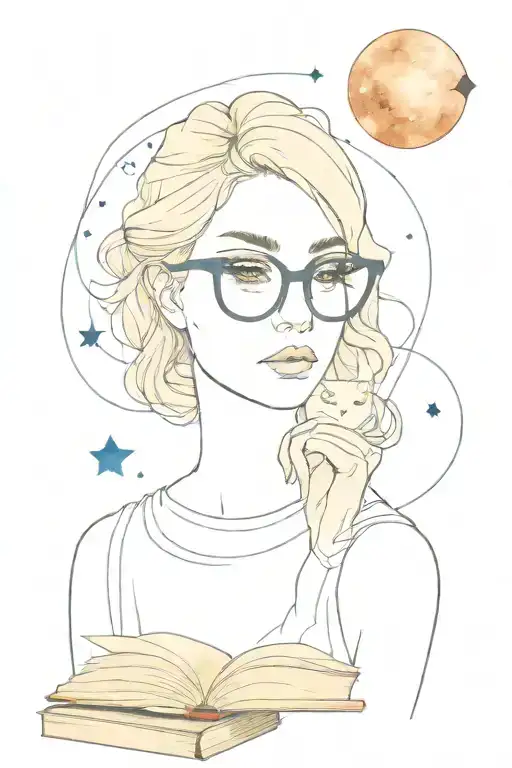 Watercolor Background Celestial Scene With Books And Ethereal Portrait Woman With Cat Eye Glasses