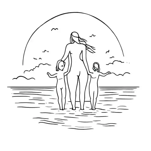 Fine Line Mother With Twins At Beach Holding Hands