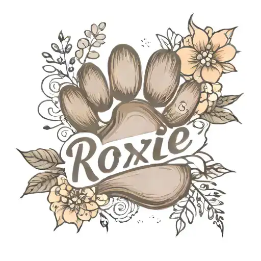 Dog Paw Print With Flowers And Name Roxie In Cursive