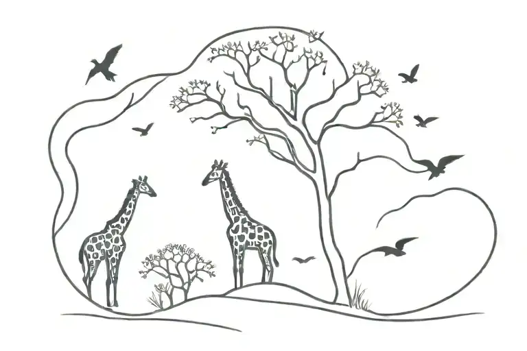 African Tree With A Giraffe And Little Swallows Flying
