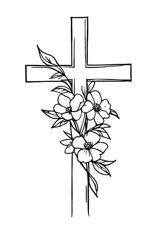 Fine Line Cross With Flowers