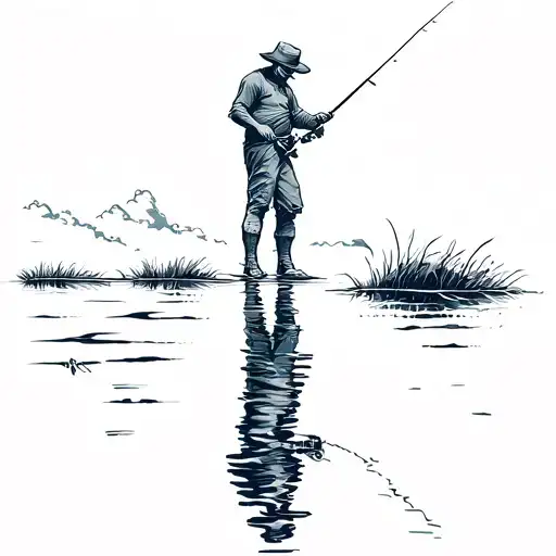 Simple Outline Of A Man Fly Fishing With His Reflection In The Water