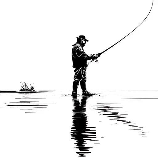Simple Outline Of A Man Fly Fishing With His Reflection In The Water