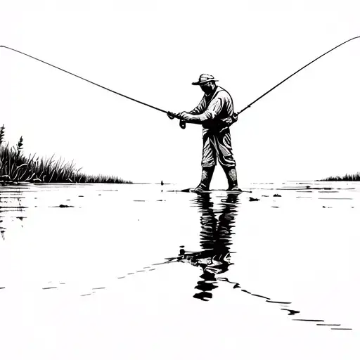 Simple Outline Of A Man Fly Fishing With His Reflection In The Water