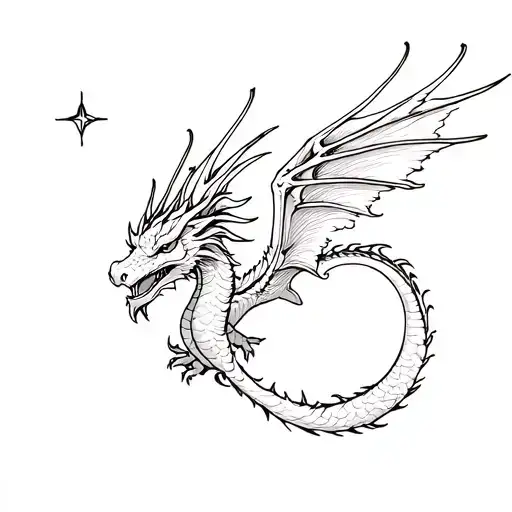 A Dragon Flying With Its Back And Big Wings 13Th Lunar Day Star Fine Lines