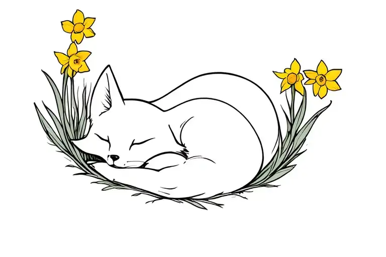 Daffodils Sprouting In A Circle Around A Fox Curled Up Sleeping